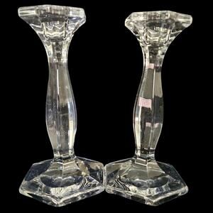 Vintage Clear Pressed Glass Hexagon Base Taper Candle Holders Set of 2
